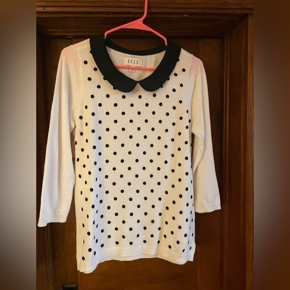 Elle Polka Dot Sweater Black and White, 3/4 Sleeves, Size Small
